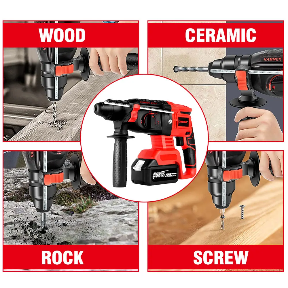 ONEVAN 10600IPM 2000W Brushless Cordless Rotary Hammer Drill Rechargeable Electric Hammer Impact Drill