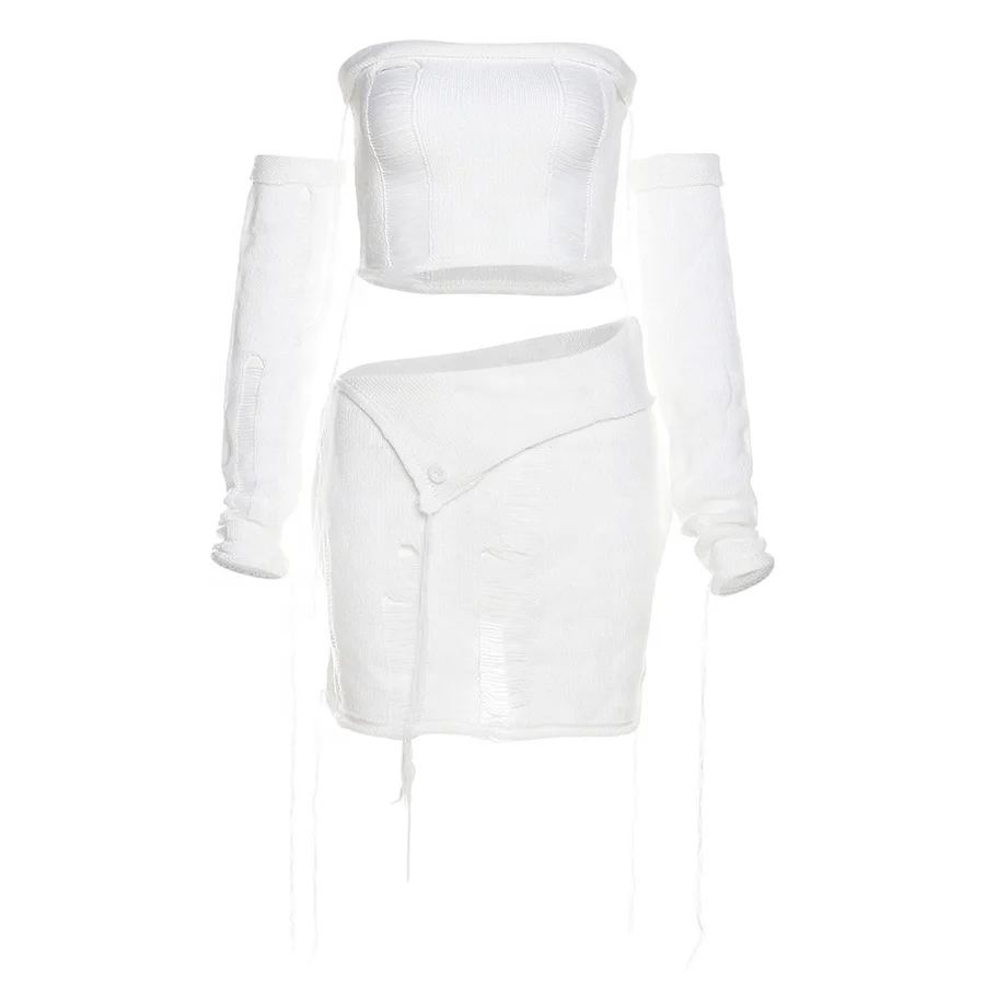 YC24826 See Through 2 Piece Outfit Sexy Knitted Top Match Skirt Two Piece Set Women Clothing