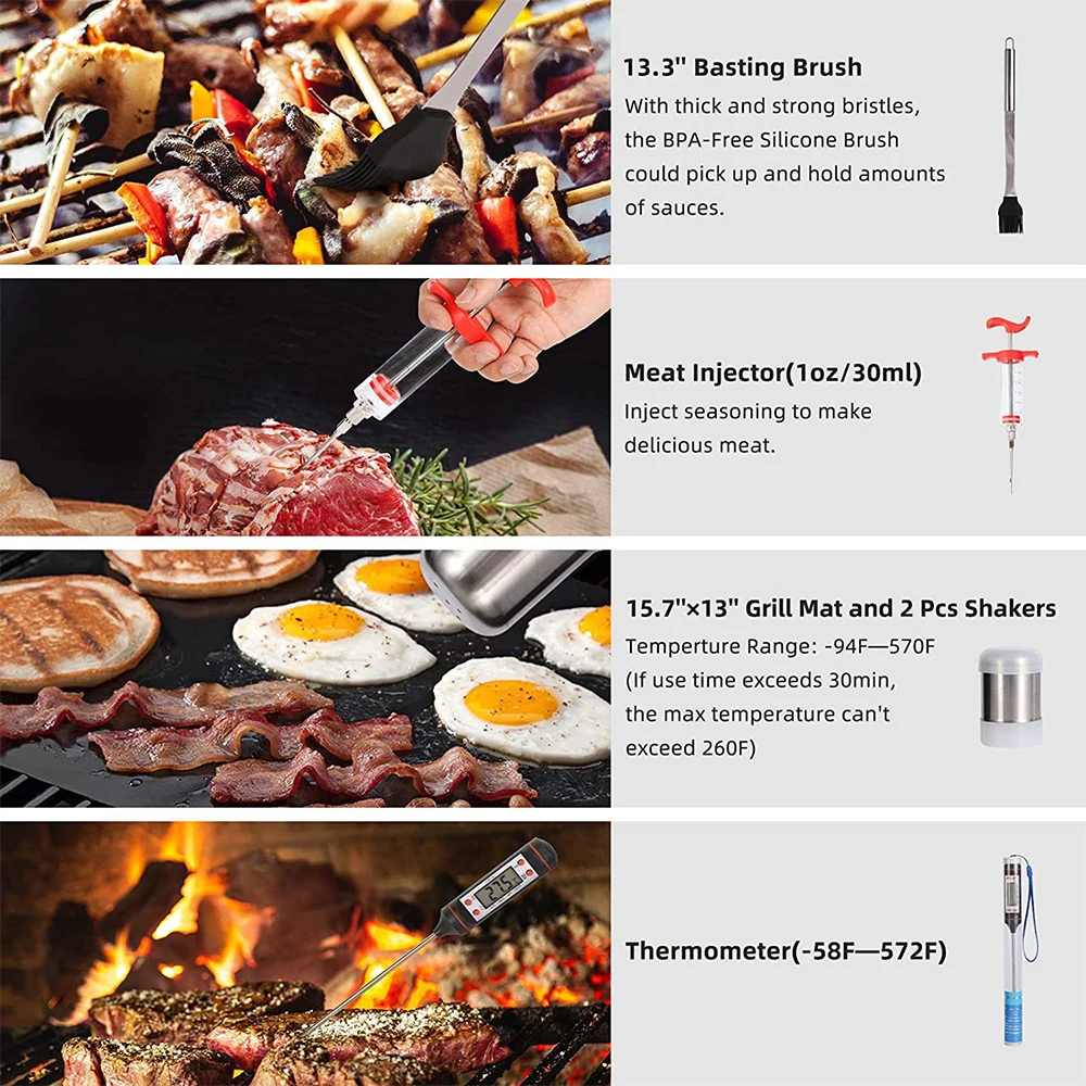 28pcs/set Stainless Steel BBQ Tools Set Apron Storage Bag Outdoor Camping Grill Accessories Barbecue Knife Fork Shovel Oil Brush