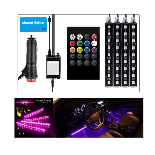 
Xirong CAR 12 LED Interior 5050 Atmosphere Lights Dash Floor Foot Strip Lights Cigarette Lighter Adapter Decorative Lamp 