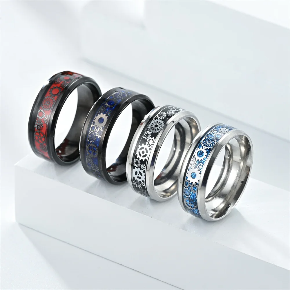 Wholesale Punk 8MM O Shape Rings Silver Black Stainless Steel Multi Color Oil Drip Pattern Gear Finger Rings