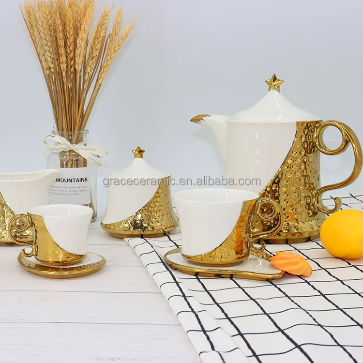 Fine Royal Porcelain Tea Set Gold Plated Ceramic Bone china Turkish Arabic Coffee Set Tea Cup Set With Teapot