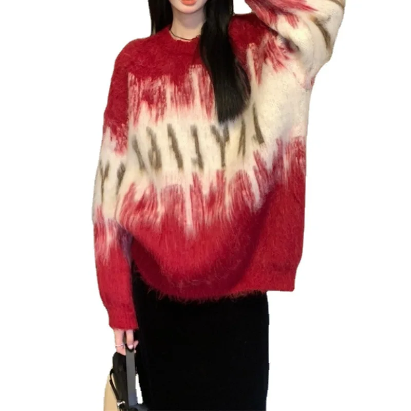 Soiling Custom Red Tie-dyed knit Pullover Long sweater Regular Sleeve knitted Thick Cardigan sweater for women