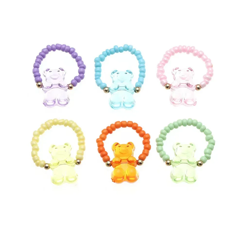 6pcs set wholesale bear ring adjustable size beaded candy jelly color transparent clear animal shape girl women ring