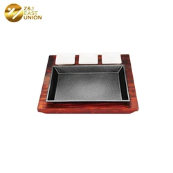 Cast iron cookware fajita platter serving plate sizzling steak pan set with luxury red wooden tray