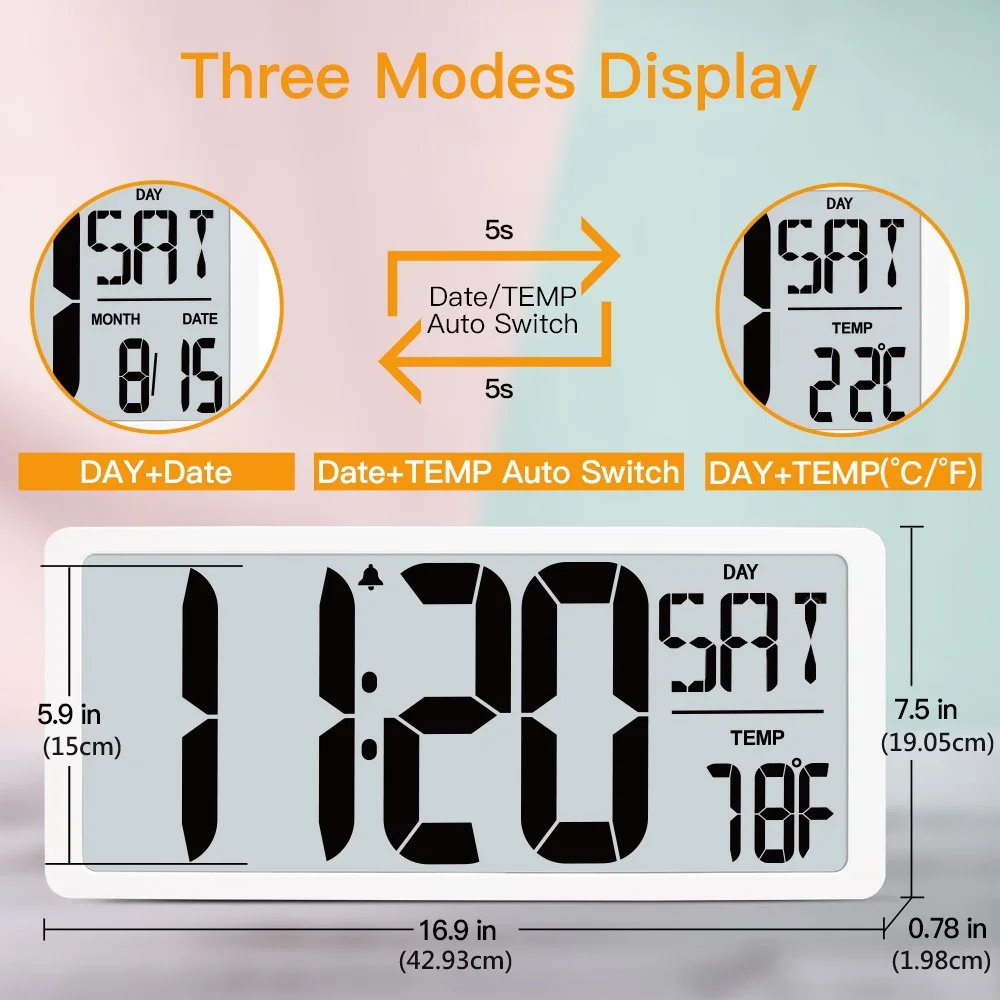 Multi-Function Digital LED Wall Atomic Clock with Moving Alarm Temperature Calendar Display Power Saving for Bedroom Use