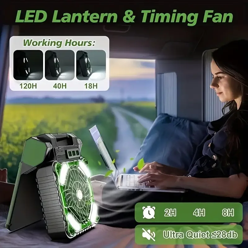 Outdoor Floor type-c camping light with fan plastic 7800mAh solar camping fan with led lantern