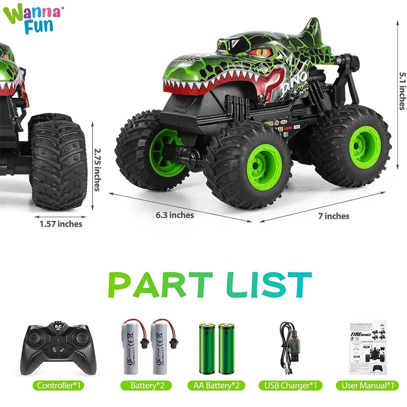 360 Degrees Rotation Led Light 2.4G 1:20 Dinosaur Stunt Drift Remote Control Monster Truck RC Crawler Toys Car Indoor Outdoor