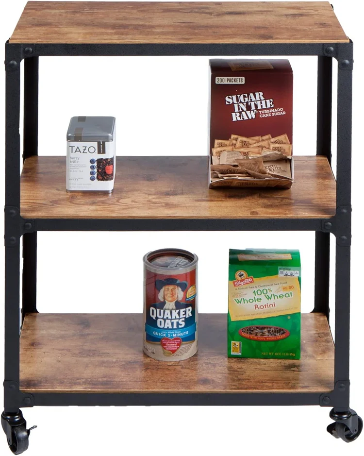 wood and metal frame Bar Cart 3 Tier Kitchen Microwave Cart Island On Wheels, Coffee Station