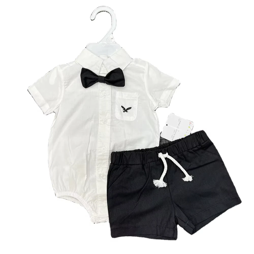 Male baby tie short sleeved three piece set, little gentleman plaid shirt, newborn clothing