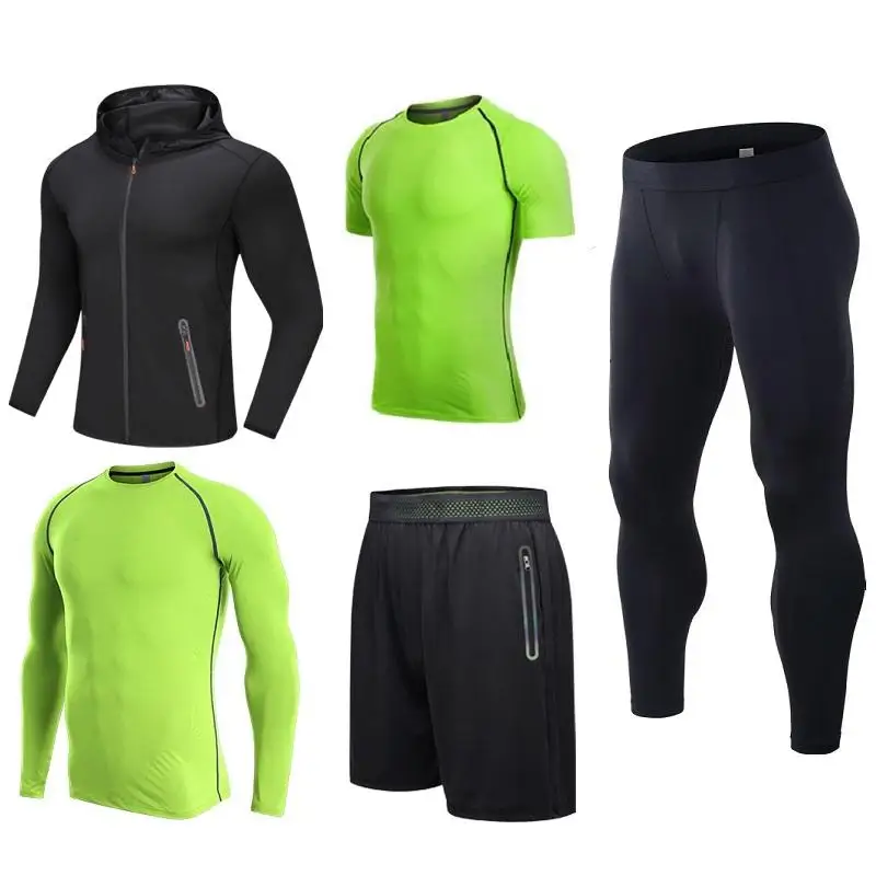 Custom Sportswear Compression Set Polyester Quick Dry Elastic 5pcs Workout Clothing Fitness Apparel Men Gym Wear