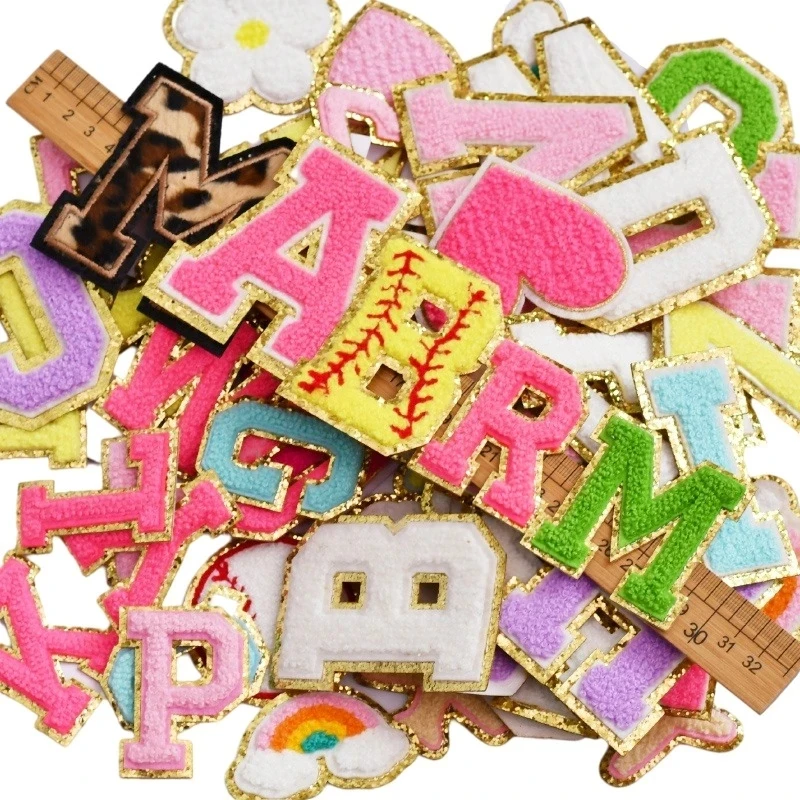 wholesale alphabet heart iron on embroidery custom logo bead pearl rhinestone glitter letter C hoodie towel chenille patches