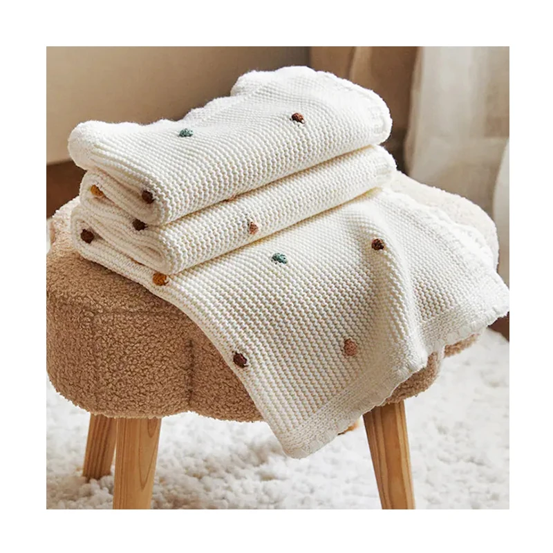 Newborn Wholesale Soft Baby Kids Organic Cotton Blanket with Colored Pump Crochet Knitted Handmade Throw Blankets
