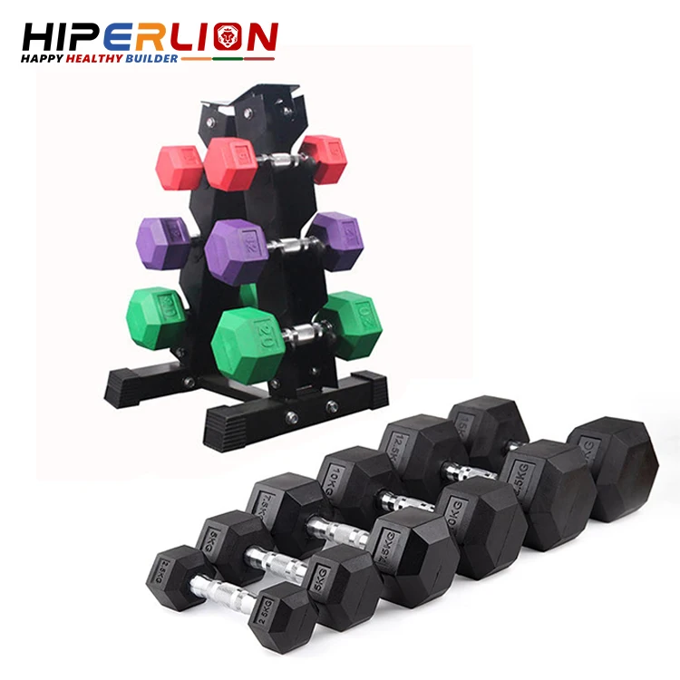 20kg 20 kg gym colorful hex custom rubber dumbbells set with rack