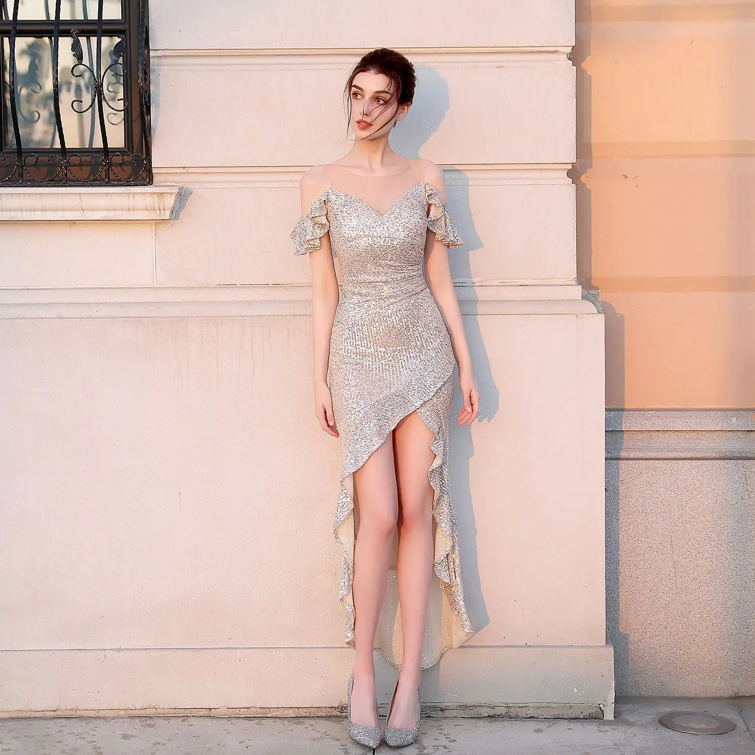 New Front Short Back Long Glitter Long Dress Dress Ball Party Etiquette Celebration Evening Dress