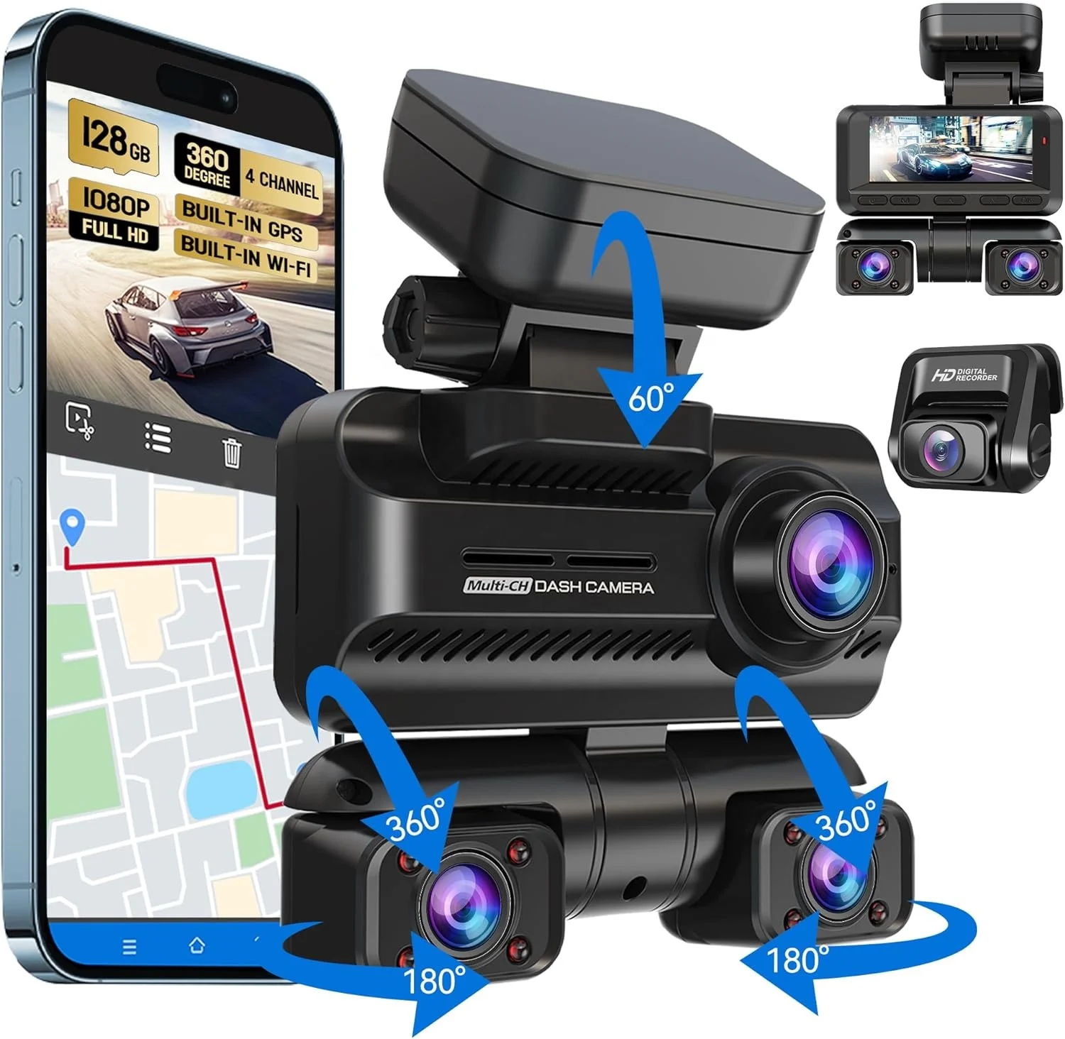 3.16 inch screen auto car dvr wifi gps 24H parking mode 4 Channel dash cam for car camera