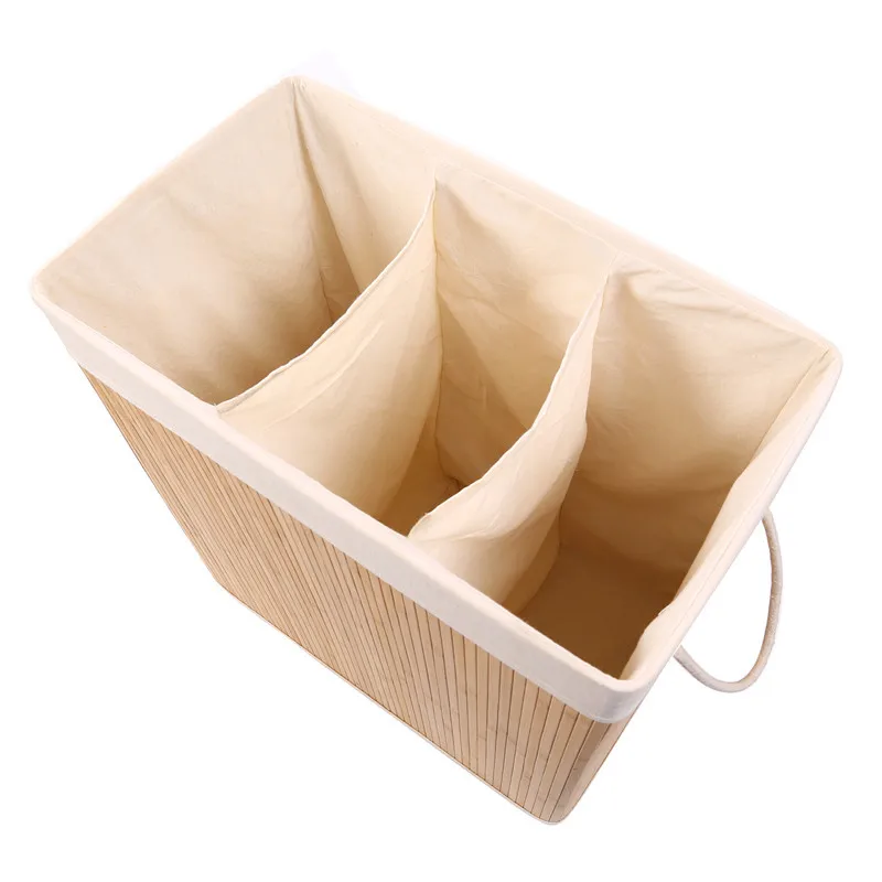 Household  Bamboo Large Capacity 3 Compartment Foldable Square Laundry Basket