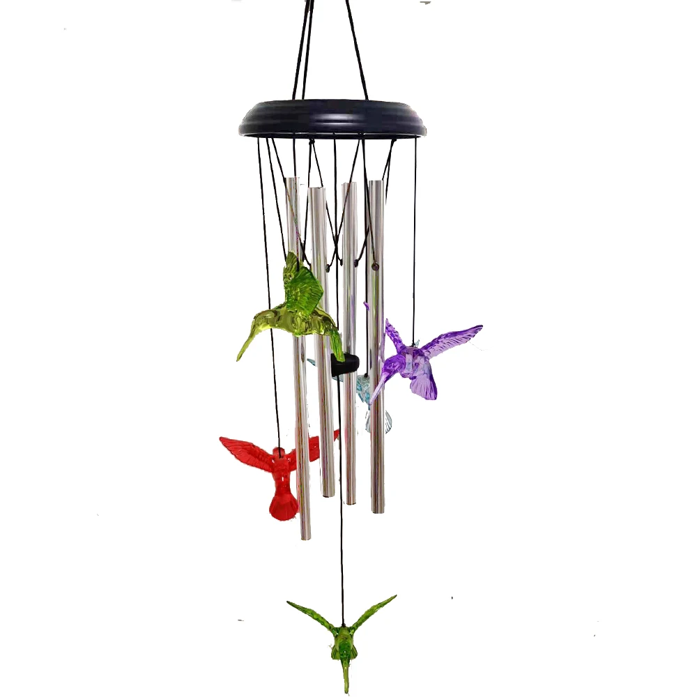Garden Decor Butterfly Color Changing Led Solar Wind Chime Light With Aluminum Tube And Wooden Sign