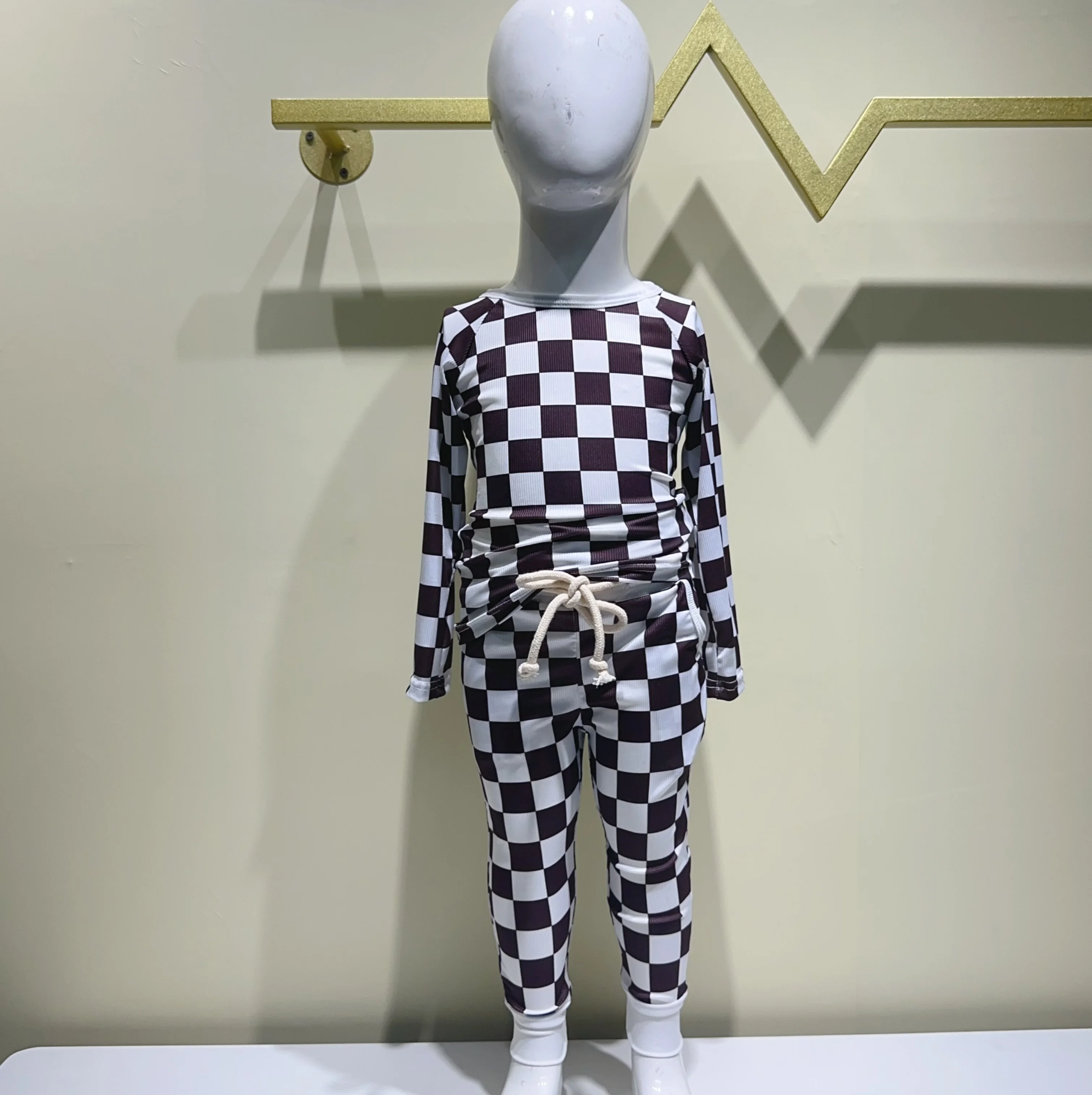 High Quality Black Plaid Bamboo Ribbed Knit Set Baby Toddler Girls Casual Kids Long Sleeve Pajamas Suit Wholesale