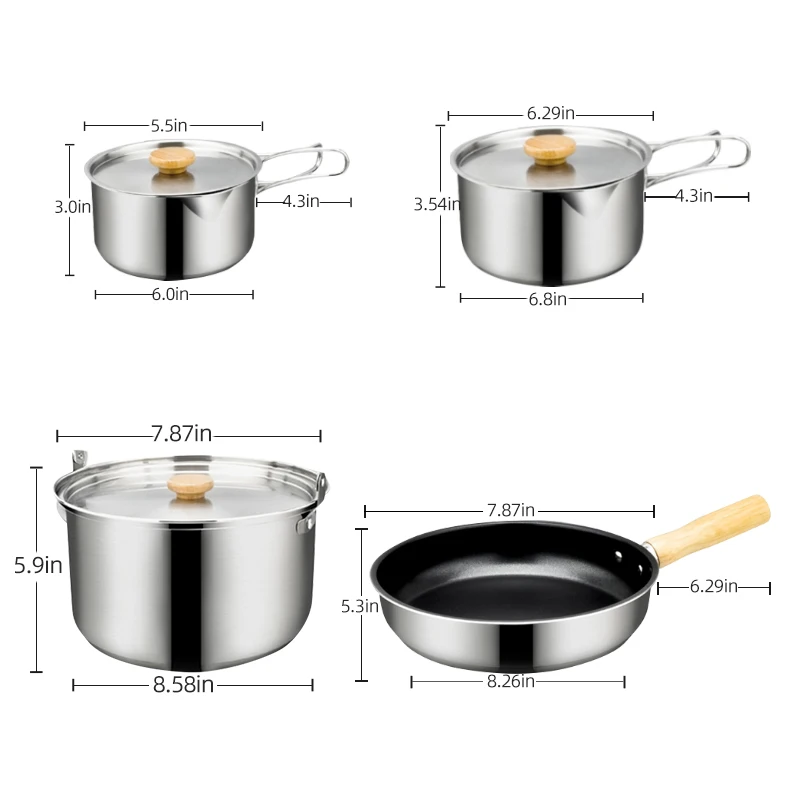 Hiking backpacking cooking portable removable handle foldable pot handles stainless steel camping pot cookware set for outdoor