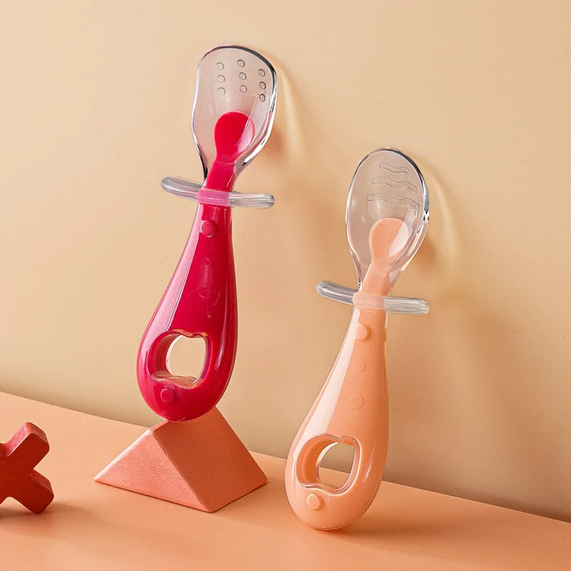 Heguo Maternal Infant Products Silicone Short Handle Complementary Food Spoon Soft Head Kids Dining Fork Spoon Suit for Baby K