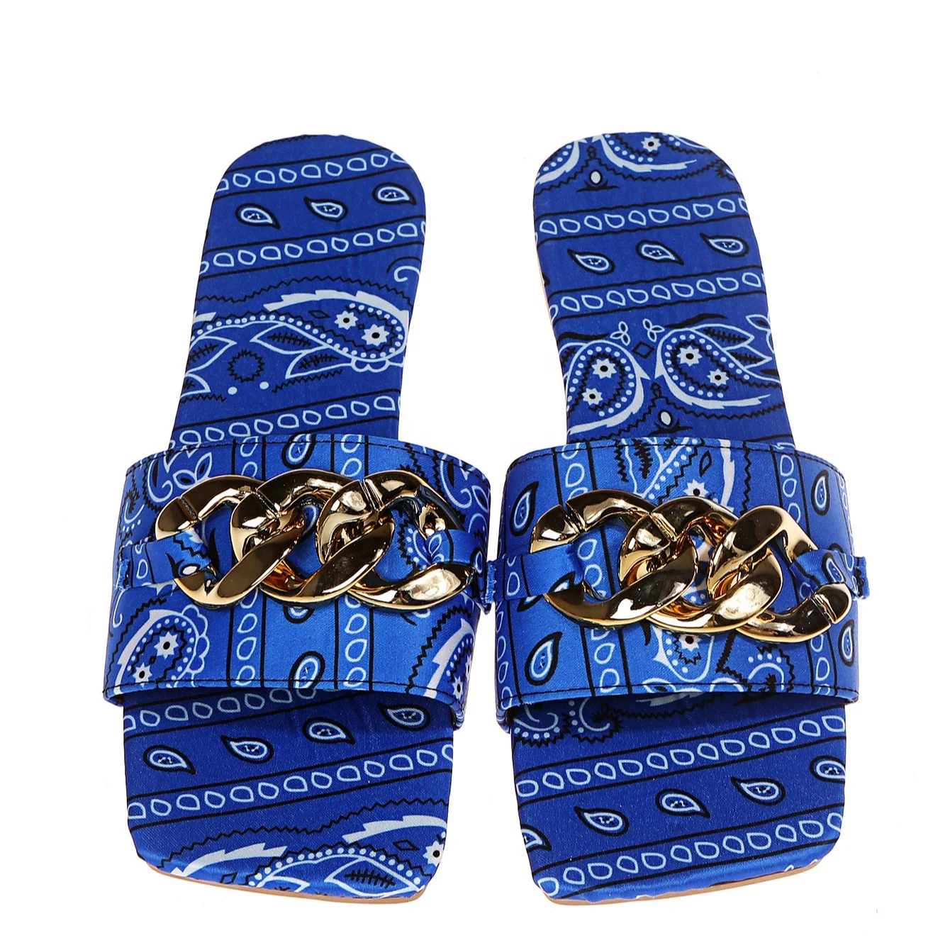 New Cheap Ladies Slippers And Sandals Soft Trendy Square Head Satin Metal Chain Cashew Flower Pattern Women Summer Flat Slippers