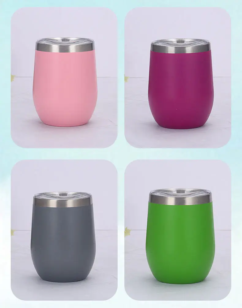 Custom Logo 12oz Stainless Steel Insulated Powder Coated Egg Shape Thermal Cup promotion gift Wine Coffee Mug Tumbler with Lid