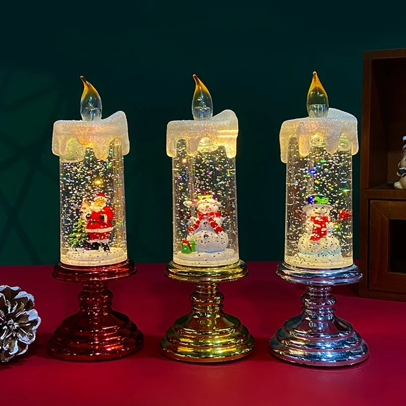 Christmas Flameless Candle Snow Globe Battery Operated 10 Inches Swirling Water Glittering Lighted Candles Water Globe