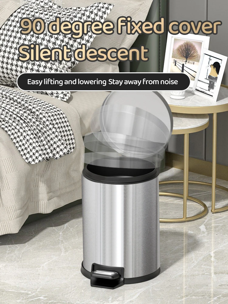 Hot selling silent closed lid circular household metal trash can home decoration kick kick trash can