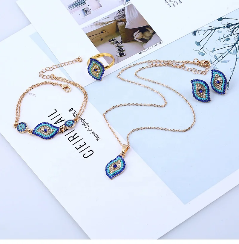 MOT2019005 Moyamiya Turkish Blue Eye Ojo Turko Bisuteria Jewelry Bracelets Earring Necklace Jewelry Set CZ Zirconia Evil Eye