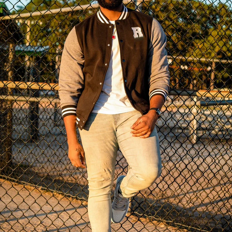 Contrast Color Sleeves White Black Color Custom Logo Men Super Comfortable Outdoor Varsity Bomber Jacket