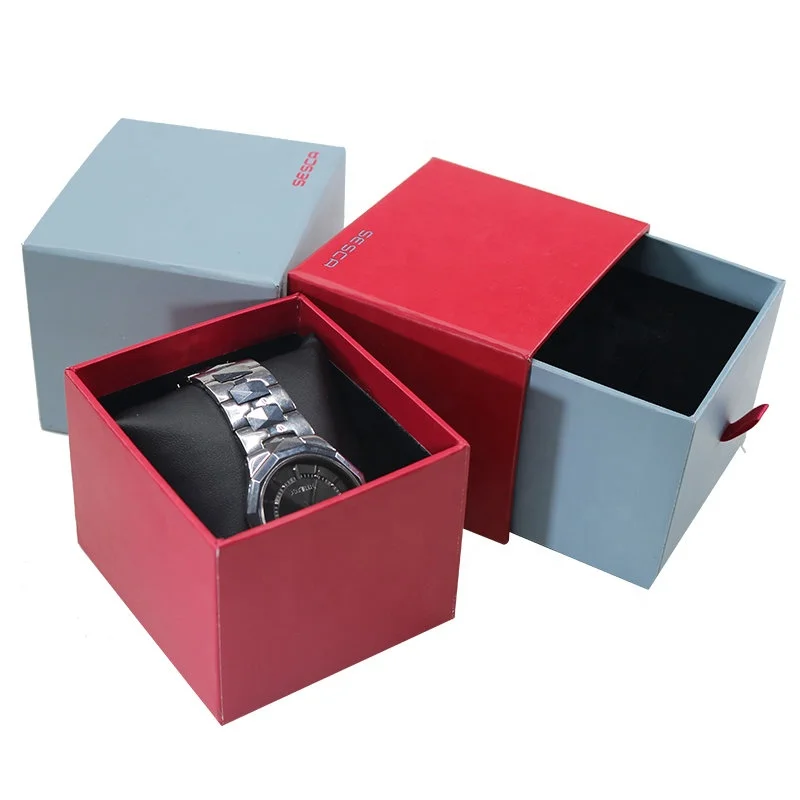 Customized off set Printing Drawer Sliding open PU cushion insert Watch Packing Box