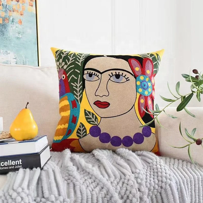 Wholesale Woman Sublimation Self Portrait Embroidery Designer Decorative 100% Cotton Cushion Covers