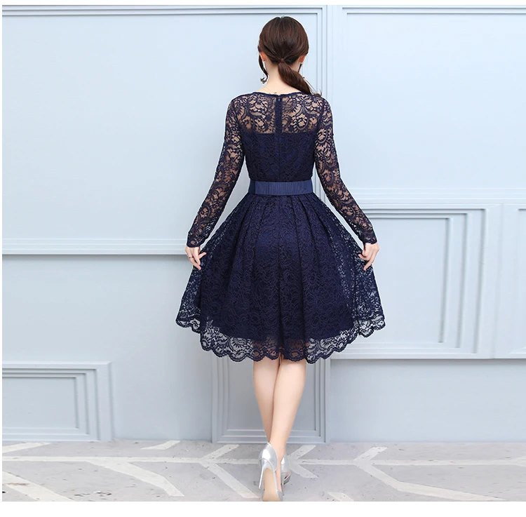 New Women Vintage Elegant Casual Dress Floral Plain Pullover Lace Dresses Bow