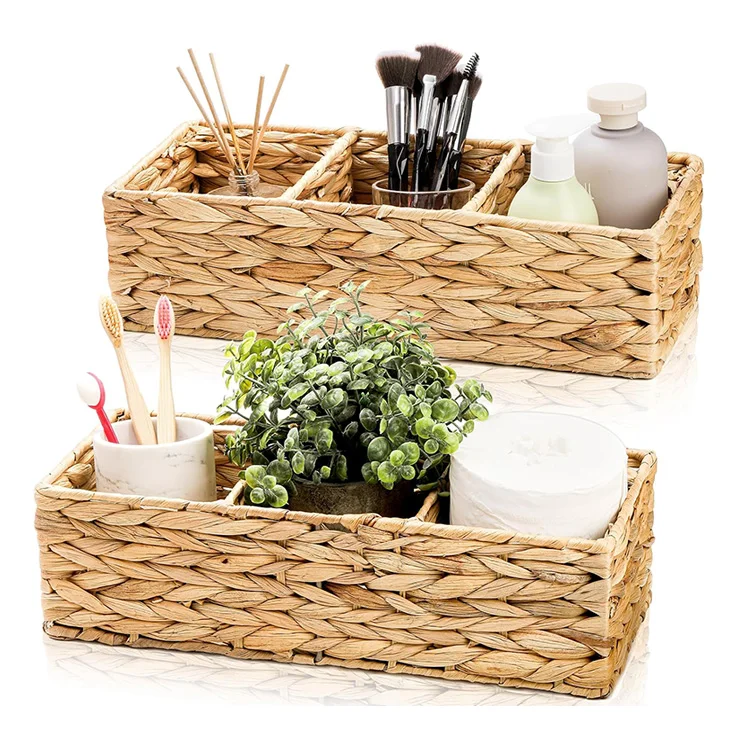 Factory Supply Water Hyacinth Handwoven Desk Storage Organizer Bin Eco-Friendly  Rectangle  2 Pack 3-Section Wicker Baskets