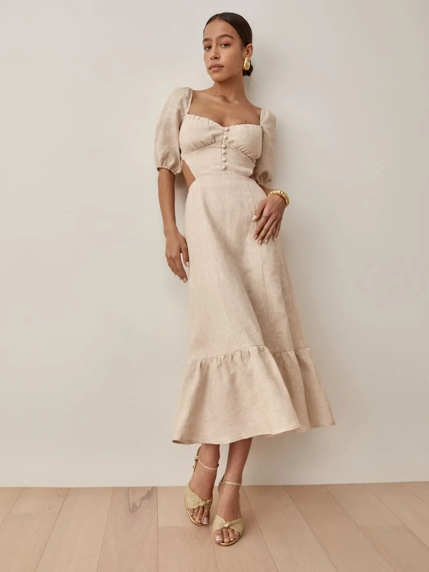 OEM Custom Linen Cut-Out Backless Cross Strap Hollow Out Lantern Sleeve Breasted Ruffled Corset Midi Dress