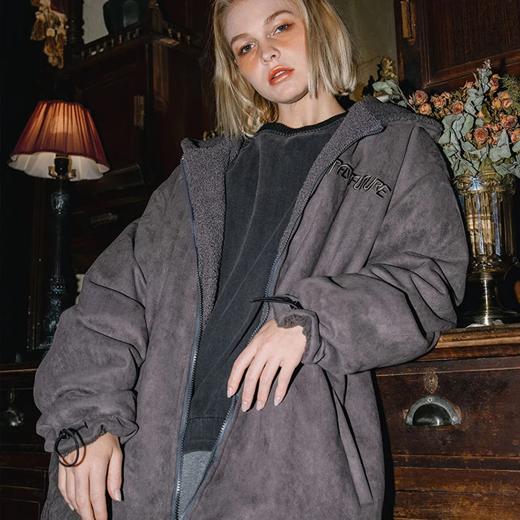 GRKC latest design reversible gray hooded oversized waterproof jackets suede and sherpa stitching winter coats