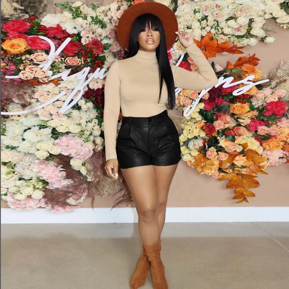 KX-BS10102 Sexy high waist leather booty biker shorts women scrunch faux leather shorts