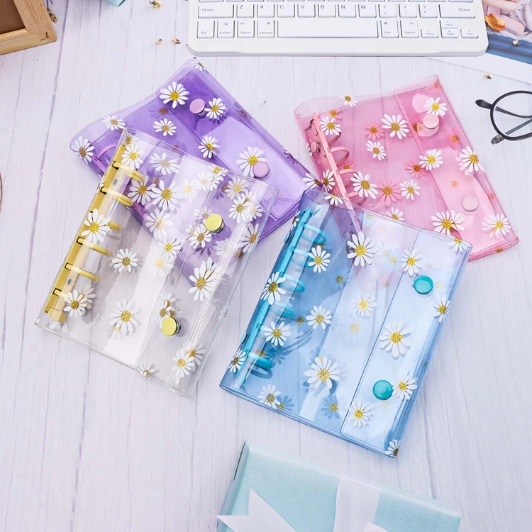 A7 Binder Cover Daisy Journal PVC Refillable Notebook Shell Clear Planner Cover Double Snap Button Closure Loose Leaf Case