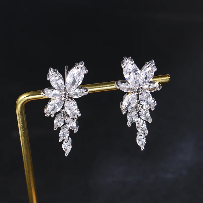 Marquise Leaf Shape Cubic Zirconia CZ Crystal Chandelier Earrings for Women Wedding Bride or Bridesmaid Jewelry