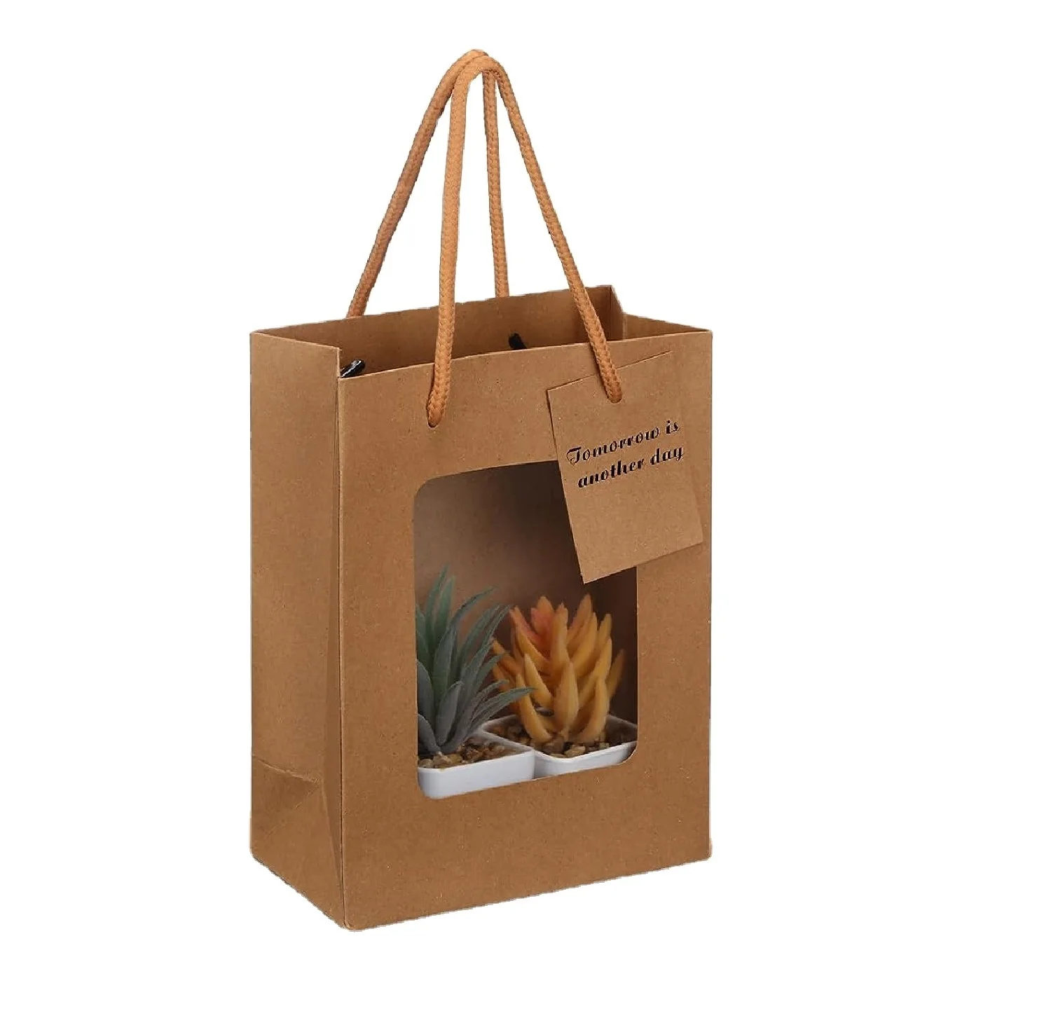 Wholesale custom boutique shopping craft paper gift bag stand up kraft paper bag with window