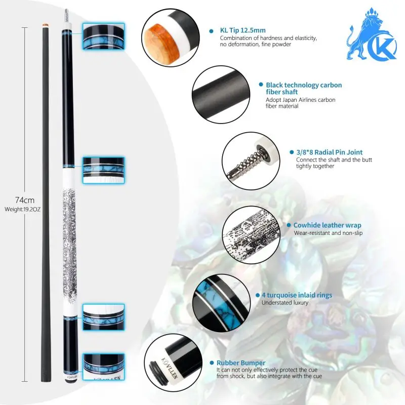 KONLLEN Cue Stick Billiard Carbon 12.5mm Ebony Butt Turquoise Ring True Inlay Cues Pool