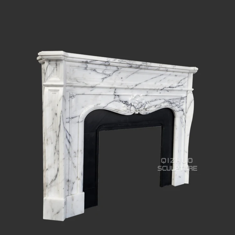 Antique Italian Arabescato Hand Carved Interior Decor Natural Stone White Marble Fireplace Surround