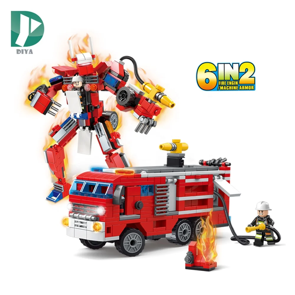 Children gift 481pcs 6 in 2 fire rescue truck mecha building blocks toys educational
