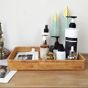 Rattan Serving Tray, Natural Wicker Decorative Serving Baskets for Organizing Tabletop Bathroom Kitchen Counter (Natural)