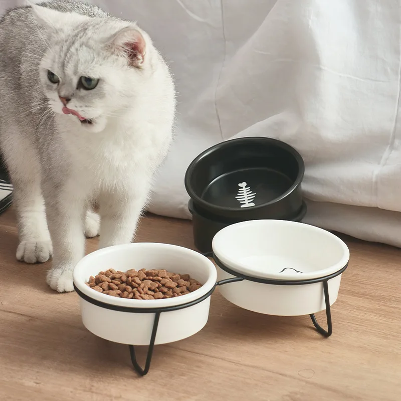 Supplier price cheap double water food double elevated cat bowl ceramic pet bowls feeders with metal stand