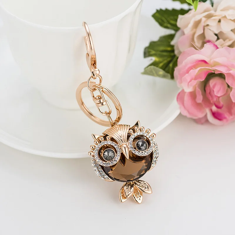 Best Selling Metal Zinc Alloy Crystal Owl Cute Rhinestone Key Bag Buckle Car Pendant Keychain