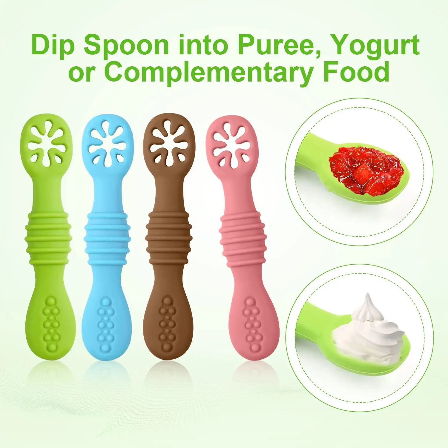 BHD Dishwasher Safe Soft Tip First Stage Silicone Infant Training Spoon BPA Free Chewable Teething Baby Spoon for Boys and Girls