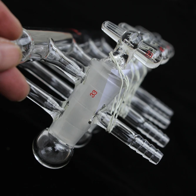 Glass Vacuum Manifold  Double Oblique Four Ports with Hollow Stopcocks