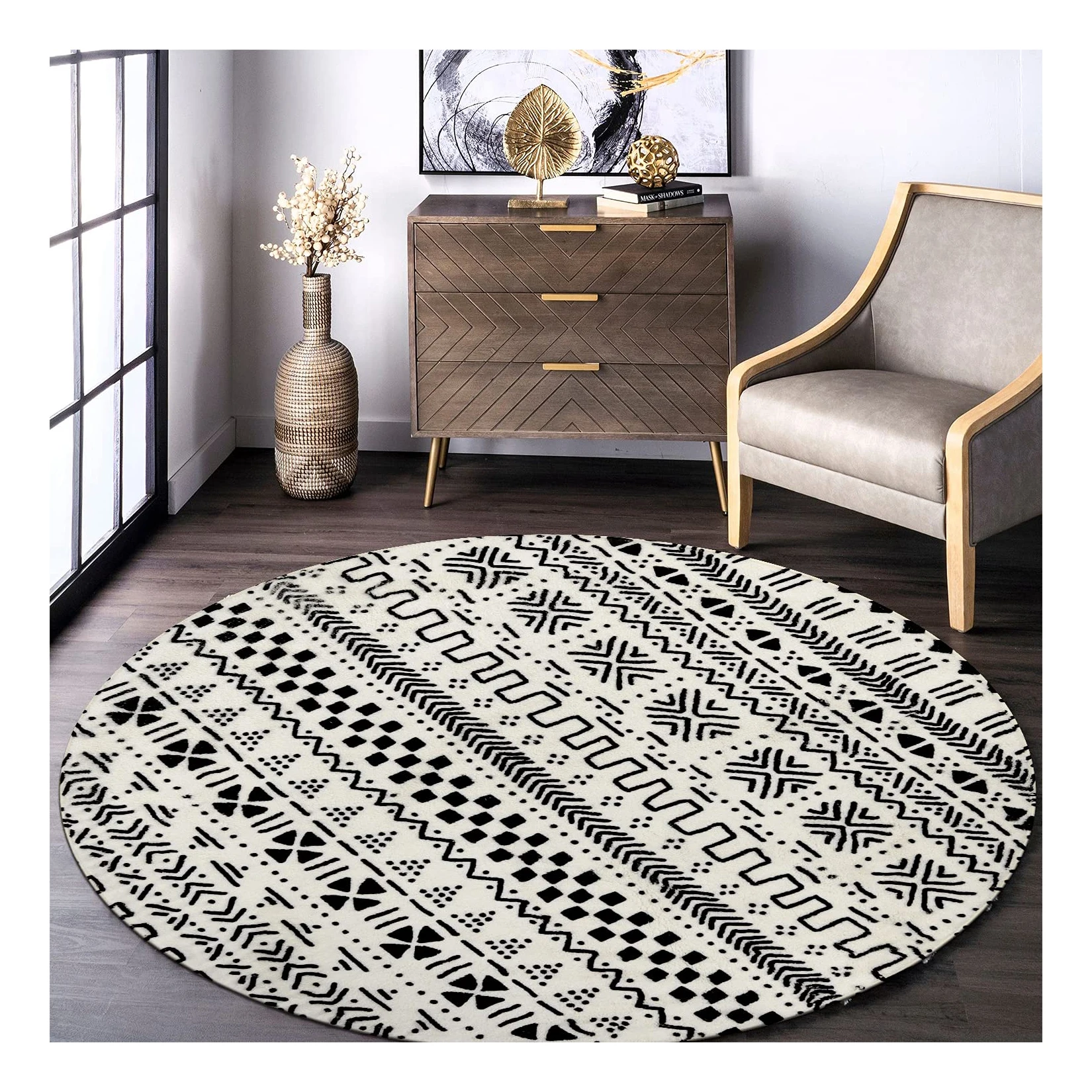 Traditional Printed Collection Round Mat Custom Art Carpet Oriental Faux Wool Circular Rugs for Home Decoration